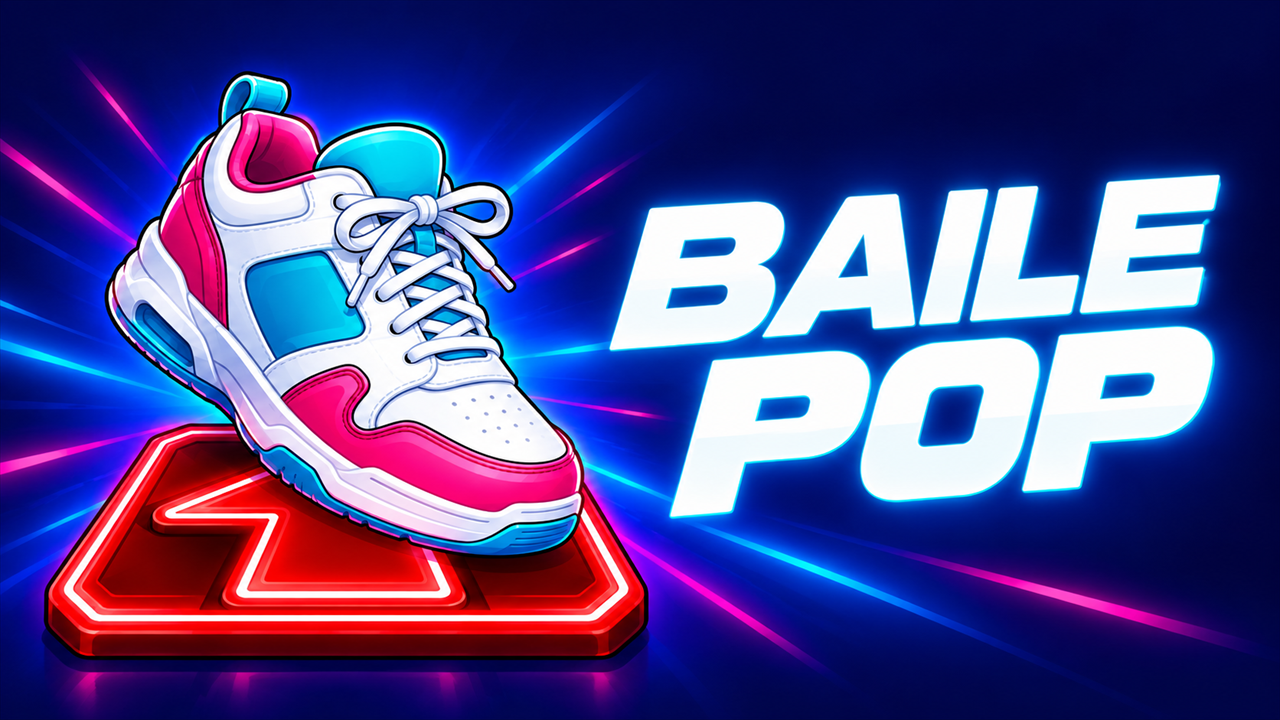 Zapatilla BailePop sobre una plataforma de baile iluminada con luces neón