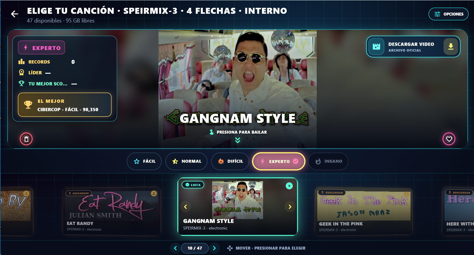 Pantalla real de BailePop para elegir una canción y dificultad